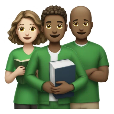 white three people in green clothes holding books sticker