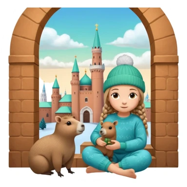A cute 11-year-old girl with light brown braids in front, wearing emerald green cozy sweater and blue pajama pants, sitting with a fluffy capybara wearing a tiny knitted hat, warm pastel illustration style, soft lighting, Moscow Kremlin spire visible through window in background, 3D render sticker