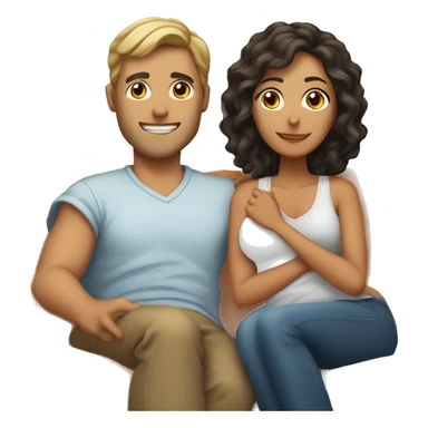 A tanned man with short curly hair and a tanned woman with long straight hair cuddling in a couch with a blanket sticker