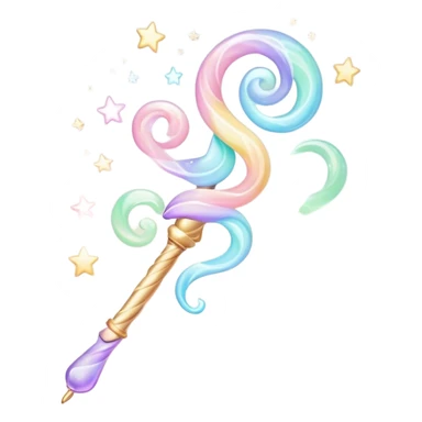 Cinematic cute magical wand, pastel swirls of color, tiny twinkling stars floating around, glowing softly, chubby rounded edges, whimsical and dreamy. sticker
