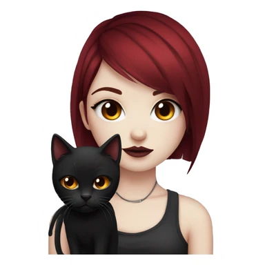 Pale girl with black eyeshadow and burgundy red colored hair with an emo haircut that’s long and layered holding a black cat sticker