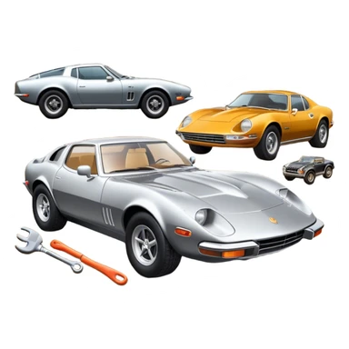 Collage emoji symbolizing a passion for cars: a sleek sports car, a vintage classic car, and an off-road SUV. The background features a cozy garage with tools, car posters, and warm lighting, emphasizing a home hobby atmosphere. Transparent background. sticker