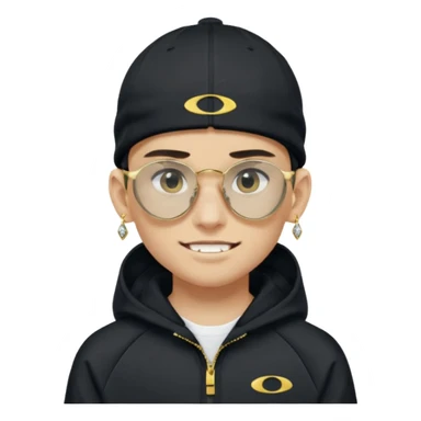 un emoji de un chico emcapuchado blanco, con gorro kalenji, dientes de oro, com uma chaqueta negra nike tech y unas gafas de oakley, con pendientes de diamante, que las gafas sean estilo cuadradas, los pendientes q no se cuelguen, que sean redondos, en las dos cejas un corte sticker