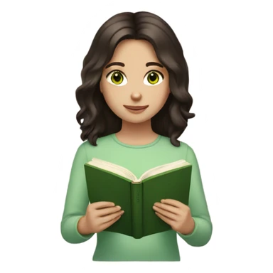 Girl with green eyes, shoulder length dark brown hair, pale skin, reading a book  sticker