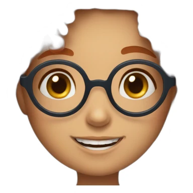 a cute girl with curly red hair and blue glasses with a big smile sticker