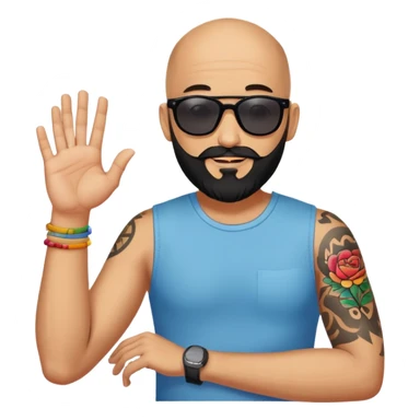  Bald man with sunglasses black beard saying hi with only one colorful tattoo on forearm  sticker