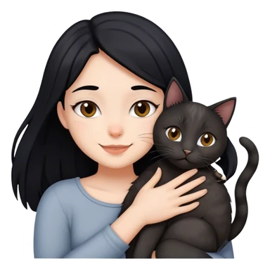happy girl with black hair hugging three cats  (black cat, gray cat, brown calico cat) sticker