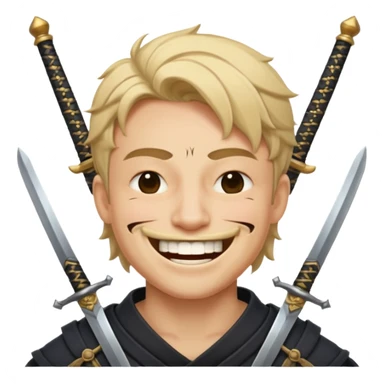 Haz que tenga una sonrisa epica una cicatriz en el ojo serrado y una espada entre los dientes y dos más a cada lado sticker