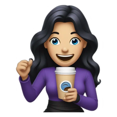 A crazy lady with blue eyes and long black hair and all black and purple dressed is laughing while holding a coffee sticker