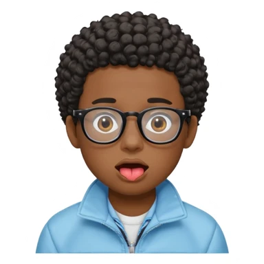 A dark-skinned boy with short curly hair, wearing square black-framed glasses, is sticking out his tongue and is wearing a light blue jacket. The figure is seen from the shoulders up. sticker