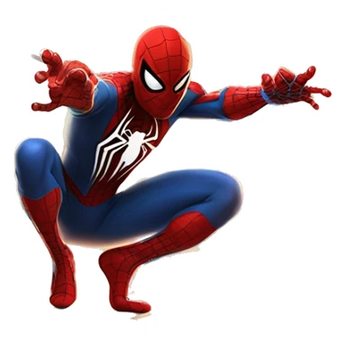 A heroic figure resembling Spider-Man, wearing a red and blue suit with a black web pattern, crouching on a building ledge with one hand extended, shooting a web. The background features a city skyline at sunset with glowing windows. sticker