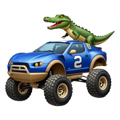 Dirty Joke’s Midnight-blue Local Motors Rally Fighter off road race car being driven by a five foot tall alligator over a dirt ramp  sticker