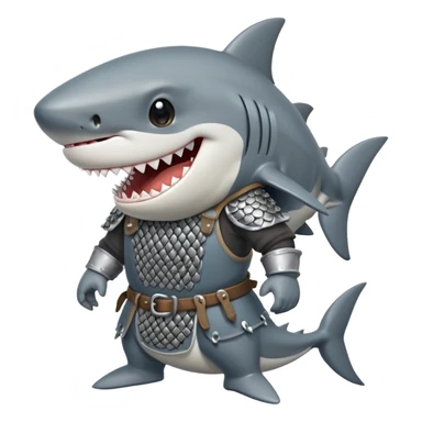 Anthropomorphic shark wearing a gambeson and chainmail coif with messy black hair smiling sticker