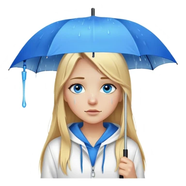 Cinematic realistic emojis in the form of a blonde girl with long hair, blue eyes and a straight nose, wearing a white hoodie, holding an umbrella above her, on which rain is dripping sticker