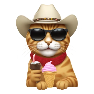 cat eating ice cream while wearing sunglasses with a cowboy hat sticker