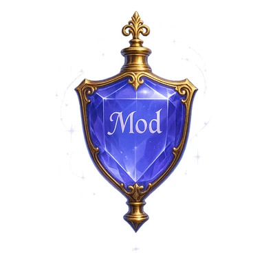 luxurious crystal elixir bottle in shield shape, color #7986cb, with inscription 'Mod', lots of glow, edges, ornaments, golden details, magical effects, very small golden neck, transparent background, beautiful seamless bottom, bottle clearly floating in air, no base or shadow, premium class, modern, fits collection sticker