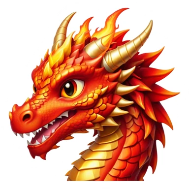 Cinematic Cute Fierce Fire Dragon Portrait Emoji, Head tilted playfully and inquisitively, showcasing a robust, flame-embellished form with intricately detailed scales in vibrant reds and glistening golds, accented by flickering ember highlights and a warm, inviting glow; rendered with lifelike detail and radiant natural light, high shine, spirited yet endearing, styled with a touch of blazing whimsy, soft glowing outline, capturing the essence of a mischievous yet charming inferno that seems ready to dance with playful fire! sticker