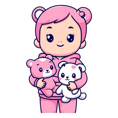 cute toddler girl with pastel pink clothes holding a pink teddy bear sticker