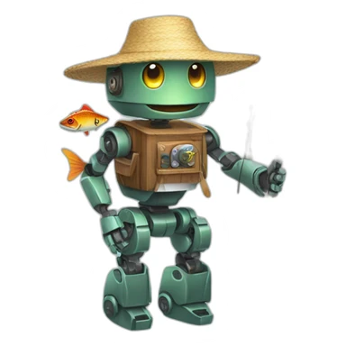 robot with fishing rod and strawhat sticker