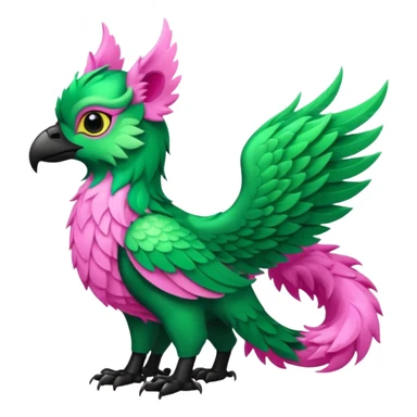 Emerald-green gryphon with a long tufted tail, black beak, pink swirly pattern markings, black claws, black tail, majestic, realistic, furry (full body) sticker