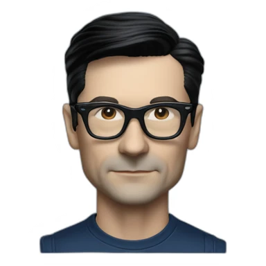 photo realistic Ralf Hutter from Kraftwerk, short straight black hair, black glasses, Dark Blue T-shirt, thin, in black tesla model 3 sticker