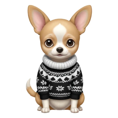 Full White and black Chihuahua - tiny, chubby and big ears. Full body with sweather sticker