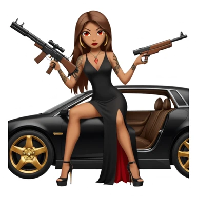 Lilith tan skin female red eyes symbol. Tattoo arms. Her hair is brown straight long hair.wearing sexy long sexy dress with slit. black stiletto thick platform high heels shoes on. Sitting on gold giant luxury car with cash inside . She is holding a sniper rifle in one hand cash in other hand sticker