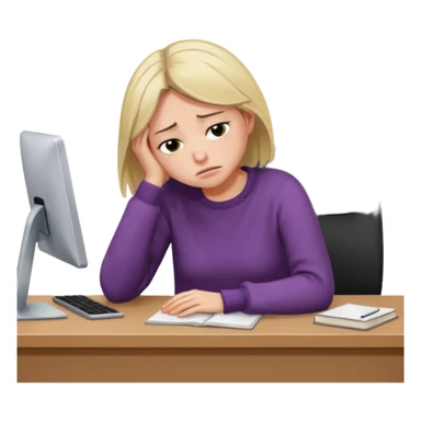 A woman wearing a jumper experiencing burnout, exhausted and overwhelmed, tired eyes, slumped posture, sitting at a desk, iOS emoji style sticker