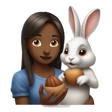 а rabbit holding a hazelnut with a brunnete girl sticker