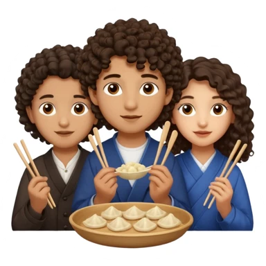 Can you create an emoji of three 23 year olds eating dumplings. One boy with wavy curly hair and one Jewish girl with long dark brown curly hair and one half Indian / half white girl with mid length straight dark brown hair. All brown eyes sticker