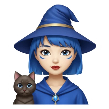 an asian short haired girl with electric blue highlighted short hair with bangs, with her silver left eye and dark brown right eye, with black cat eyed style eyeliner, and smirk of natural toned lipstick, with wizard hat with moon emblem on his hat. sticker