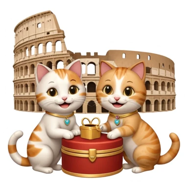 one happy cat proposing marriage to another happy cat in front of the Colosseum, both cats smiling, with a ring box, playful and cute, emoji style sticker