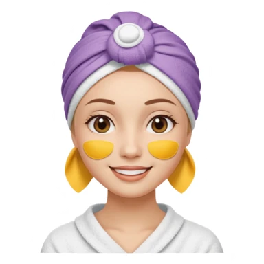 3D emoji style woman with towel head wrap, under-eye patches, smiling softly, clean girl skincare aesthetic, soft studio lighting, smooth skin texture, minimalist beige background, high resolution, PNG sticker
