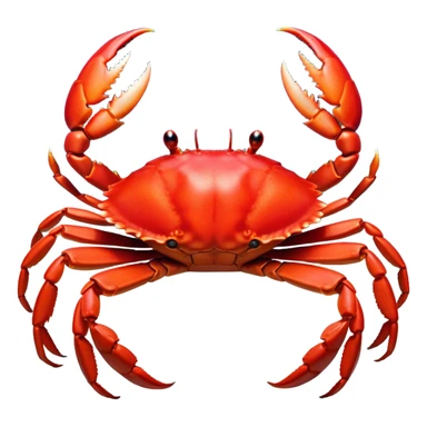 Cinematic Noble Red Crab Portrait Emoji, Poised and commanding, with a sturdy, angular exoskeleton of vivid scarlet red and sharply defined pincers, deep-set, intense eyes on stalks, Simplified yet sharp and sophisticated features, highly detailed, glowing with a soft, oceanic glow, high shine, intelligent and formidable, stylized with an air of coastal authority, focused and alert, soft glowing outline, capturing the essence of a watchful crustacean guardian that appears ready to scuttle out of the screen with determined power! sticker