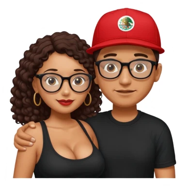 A picture of an embracing tanned couple. the man is a Mexican man with tanned skin, with a bald hair cut wearing a red SnapBack hat and wearing a black shirt. the woman is mixed, with glasses,  with long curly dark brown hair and with big boobs.  sticker