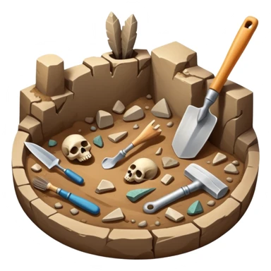 An icon featuring an excavation site with a trowel and ancient artifacts, like pottery and bones, scattered around. The design includes a partially uncovered fossil and a digging brush, symbolizing the discovery of history through archaeology. Transparent background  sticker