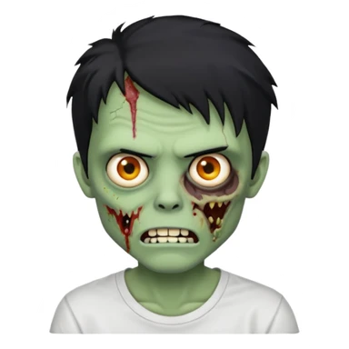 Rosto de frente classico de zombie boca meio torta cabelos medios grandes pretos bagunçados low fade com pele verde clara camiseta branca sticker