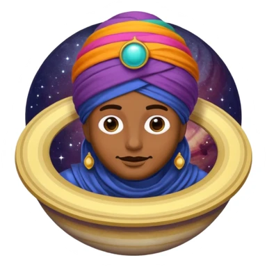 A bold emoji-style illustration with Saturn 🪐 as the dominant element, clearly showing its bright rings. Inside the planet, a stylized man wearing a colorful turban 👳🏾‍♂️, depicted as a mystical or adventurous character, sitting or floating within Saturn, integrated with the planet’s texture. . sticker