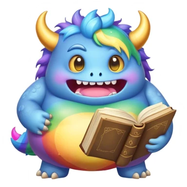 Kawaii derpy fat rainbow monster with magic spell book, rich textures, visually rich, so lifelike that it feels like it could leap off the page at any moment sticker
