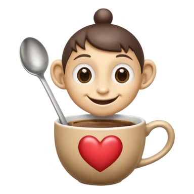 Ink wash style, coffee cup creature, big heart eyes, dopey smile sticker