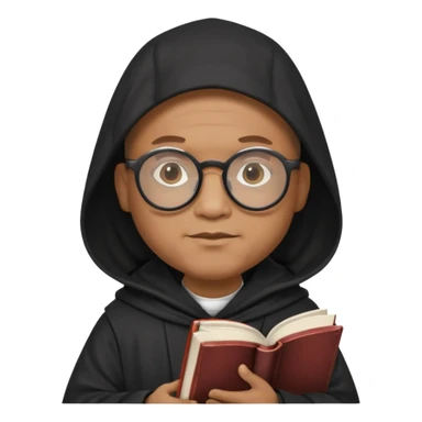 Monk priest prayer black habit with hood round black glasses done light brown wavy hair under hood remove the medallion smaller more round glassed age 46 no necklace more oval face hand holding book that says RB 480 sticker