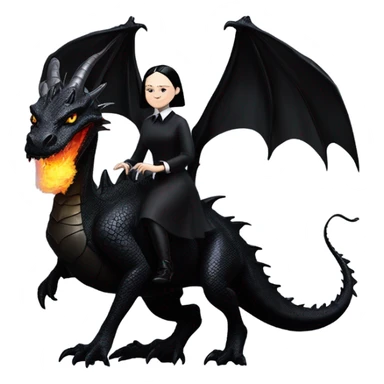 empowered and glamorously dressed, Wednesday Addams Malibu Beach Barbie Jedi flying/riding on the back of a very large black shiny evil-looking fire-spewing horned dragon. proper scale sticker