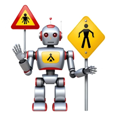 friendly robot with a helping hand and a warning sign representing an AI agent for reporting child abuse sticker