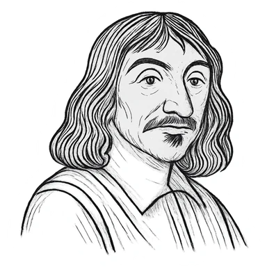 Enhance the Descartes black outline icon with more detailed and refined facial features, hair, and clothing, maintaining the hand-drawn black outlined style with no fill. Keep the transparent background. sticker