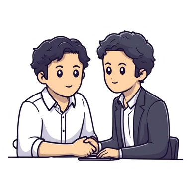 Management consultant with black wavy hair, stubble, strong features, white skin, smart casual attire, in a collaborative discussion with diverse business clients around a table with documents and laptop sticker