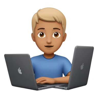 A dark-colored laptop with the screen open. From the screen, a person is emerging, giving a lecture or teaching. The person should look expressive and in a teaching pose. Soft shadows, semi-3D emoji style, clean background. sticker