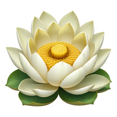 White lotus flower with botanically accurate yellow seedpod center showing honeycomb-like pattern of seed chambers, surrounded by white petals and accurate notched lotus leaf sticker