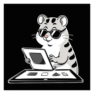 unique, colorful, hand-drawn, modern, realistic hamster with cool glasses, creating a design or making animations, showing creative action, solid black background, illustrated in Procreate on an iPad, not kiddish sticker