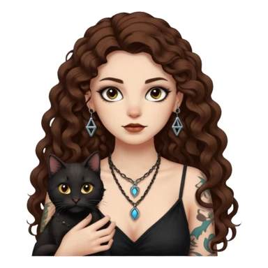 woman with long curly brown hair, brown eyes, white skin, tattoos, black cat wearing tiny rune necklace judging everyone sticker