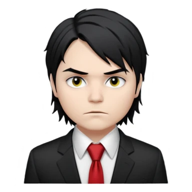 Gerard Way (Revenge Era)
Round, simplified emoji style
Pale skin tone
Jet-black, shoulder-length hair messy and emo
Heavy eyeliner and slight red shadow under the eyes
Subtle serious
Hint of red tie visible on black button up shirt.
Transparent background. Black eyeliner. Messy emo hair sticker